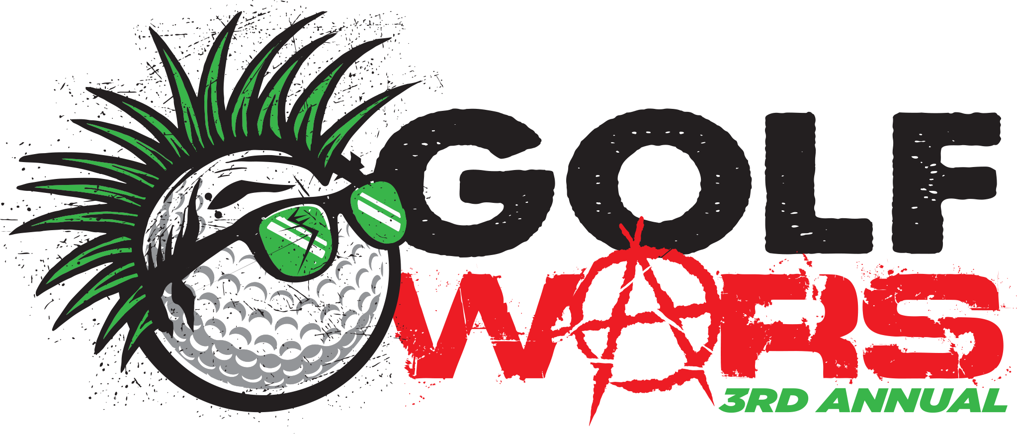 Golf Wars Gainesville Logo with Text. Image is a golf ball with sunglasses with green lenses, and a spiked mohawk-style hairdo, also colored green. Text Reads "Golf Wars, Third Annual"